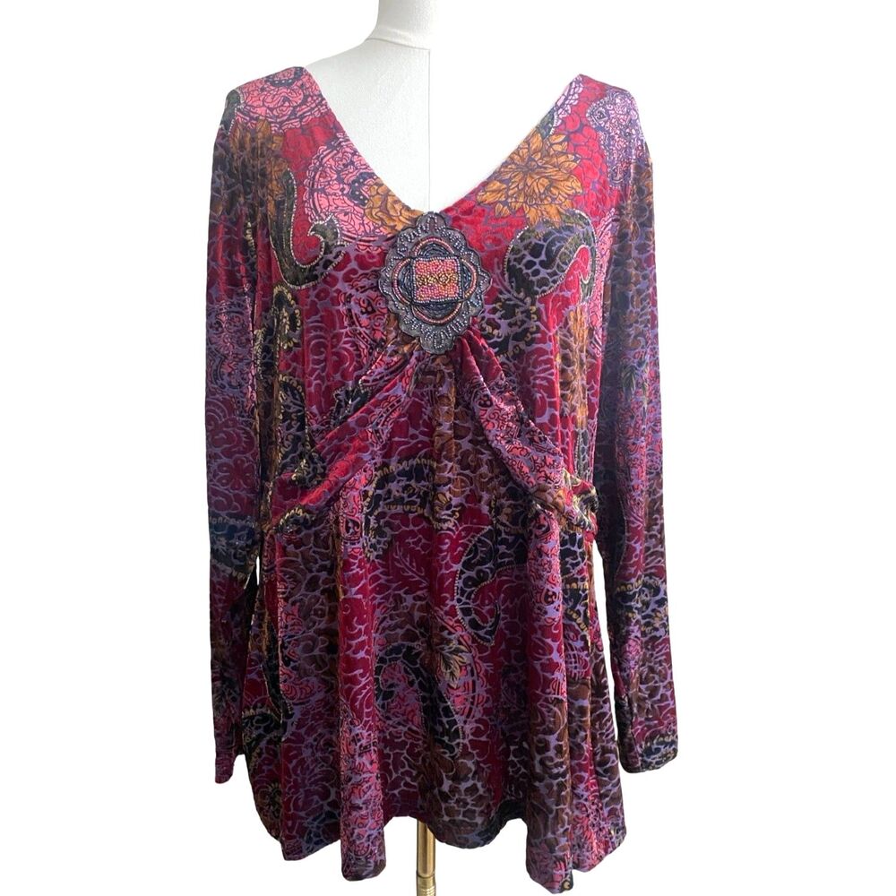 Susan Lawrence Woman Velvet Paisley Tunic Top 3X Brooch Front Whimsigoth NWT